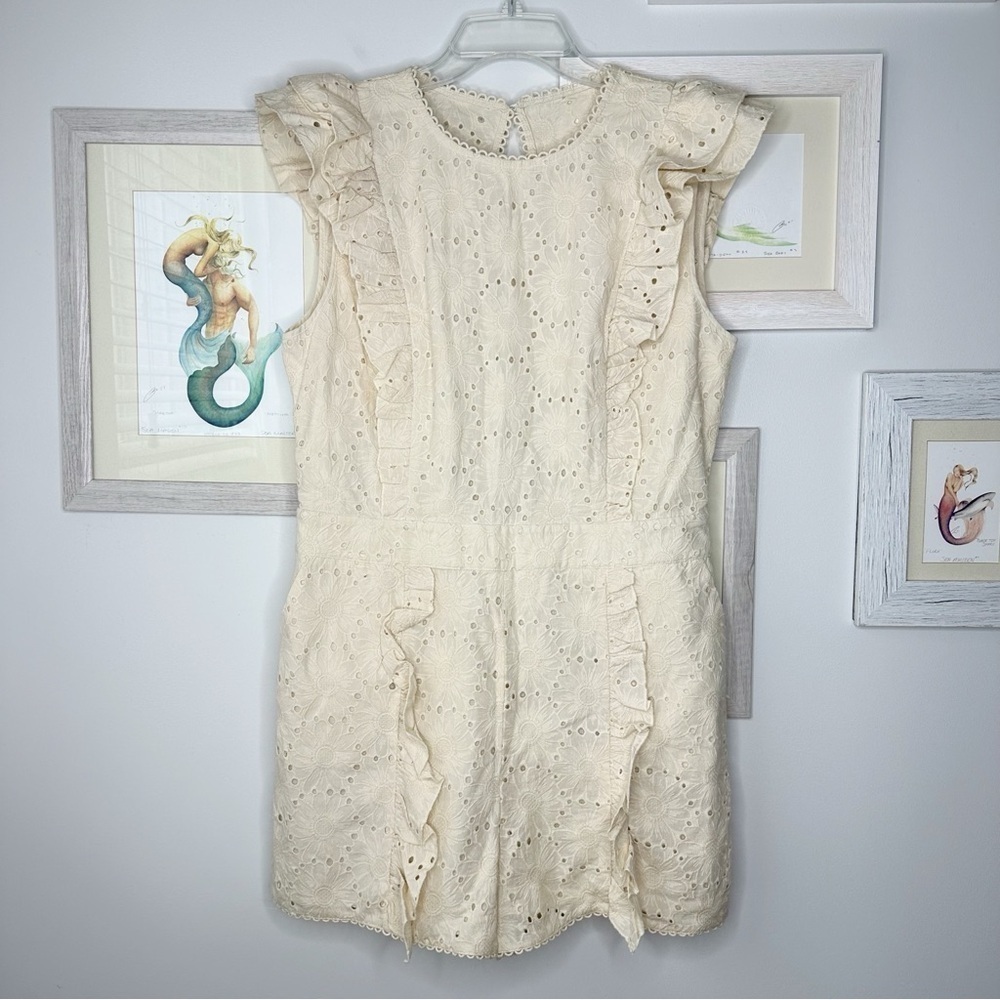Happy X Nature Cream Floral Ruffled Eyelet Open Back Shorts Romper Women’s 14